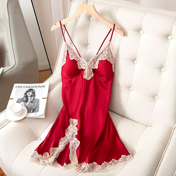 Spaghetti Strap Nightgown Women Nightdress Satin Summer Sexy Intimate Lingerie Soft Sleep Dress V-Neck Home Dressing Gown