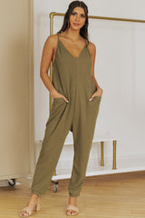 Green Textured Sleeveless V-Neck Pocketed Casual Jumpsuit