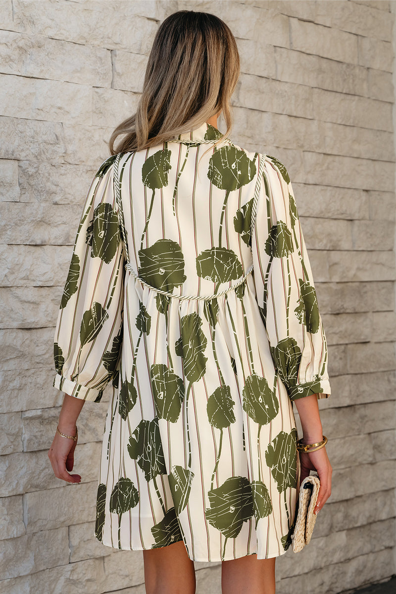 Guacamole Green Floral Striped Print Contrast Piping Puff Sleeve Dress