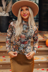 Brown Floral Long Sleeve High Neck Sheath Mesh Blouse