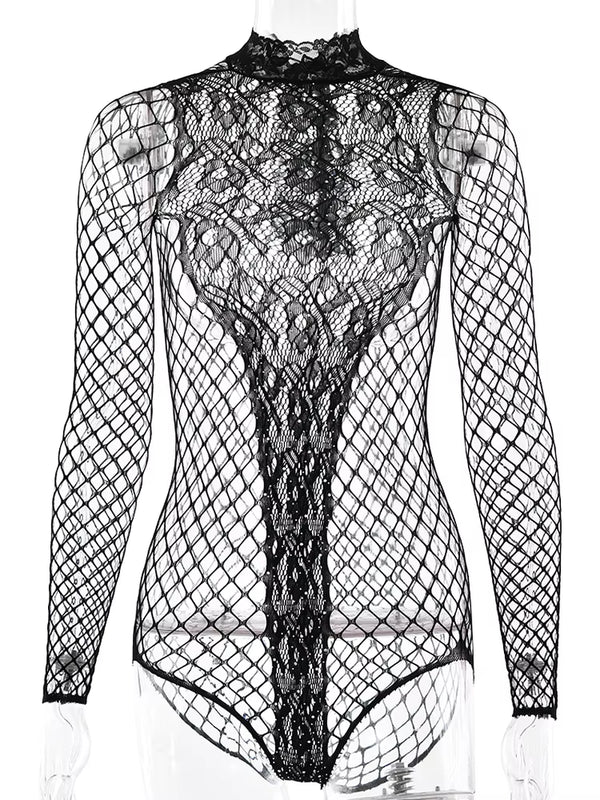 Fishnet Hollow Out Bodysuit Women Fashion Rhinestones Long Sleeve Bodycon Top Sexy Party Clubwear High Stretch Body Suits