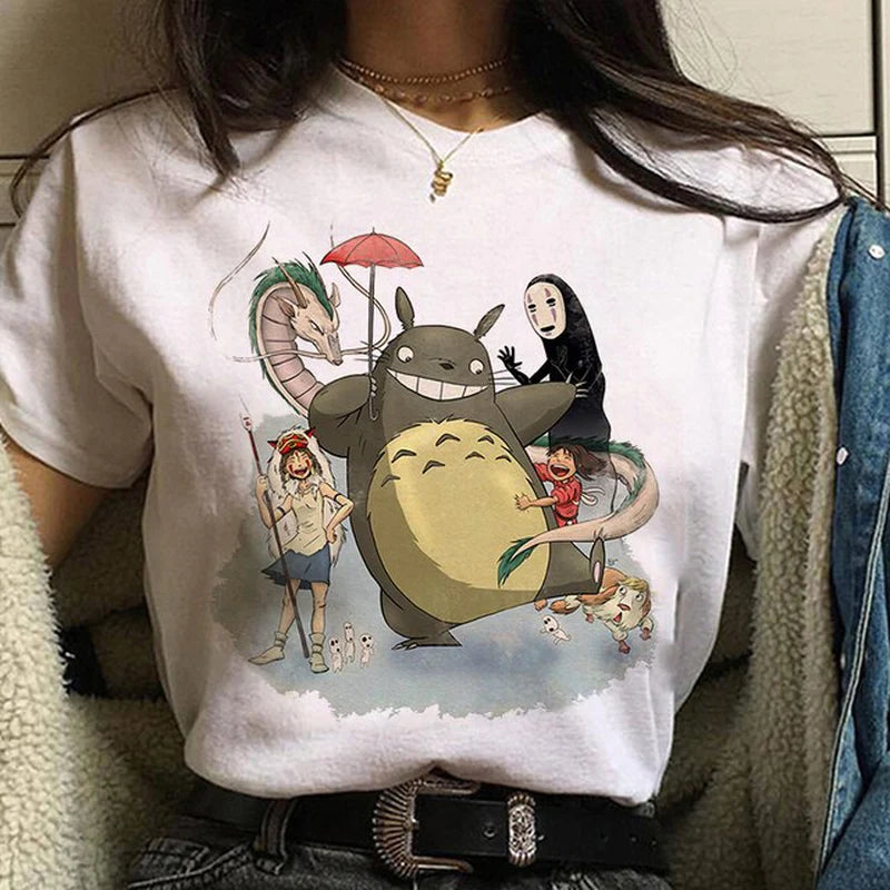 Studio Ghibli Spirited Away Hayao Miyazaki Kawaii Print T-Shirt Women Harajuku Aesthetic Tshirt White Tops Anime Female T Shirt