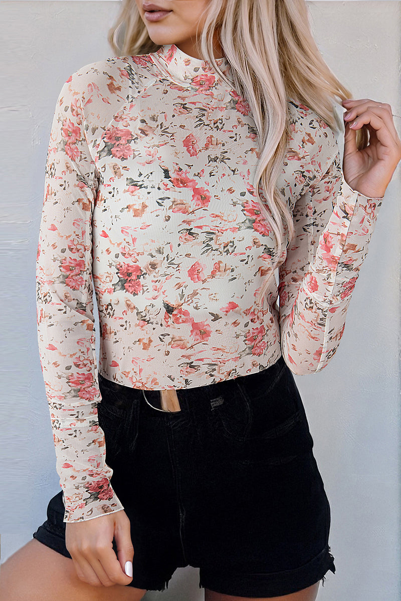 Pink Floral Long Sleeve High Neck Sheath Mesh Top