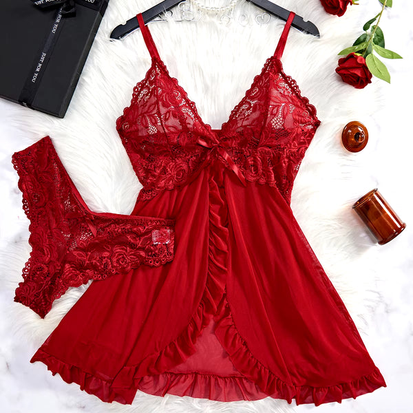 Transparent Red Sexy Lingerie Women'S Underwear See through Sleepwear Lace Nightdress and Panty Pijamas Sets Female Sexy Nighty