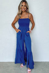 Navy Blue Spaghetti Straps Smocked Ruffled Wide Leg Jumpsuit