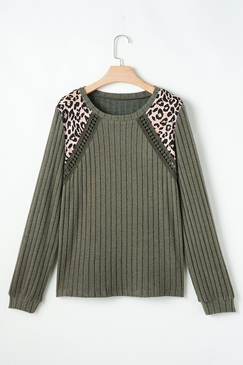 Moss Green Leopard Print Crochet Patchwork Rib Textured Knit Top