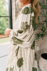 Guacamole Green Floral Striped Print Contrast Piping Puff Sleeve Dress