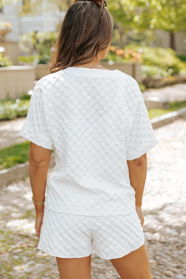 White Textured Split Neck Top and Drawstring Shorts Set