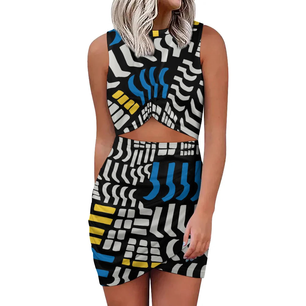 Shabella Geometric Multicolor Mock Neck Navel-Baring Mini Dress