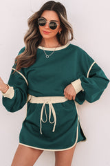 Evergreen Color Contrast Loose Pullover and Lace-up Waist Skort Set