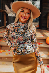 Brown Floral Long Sleeve High Neck Sheath Mesh Blouse