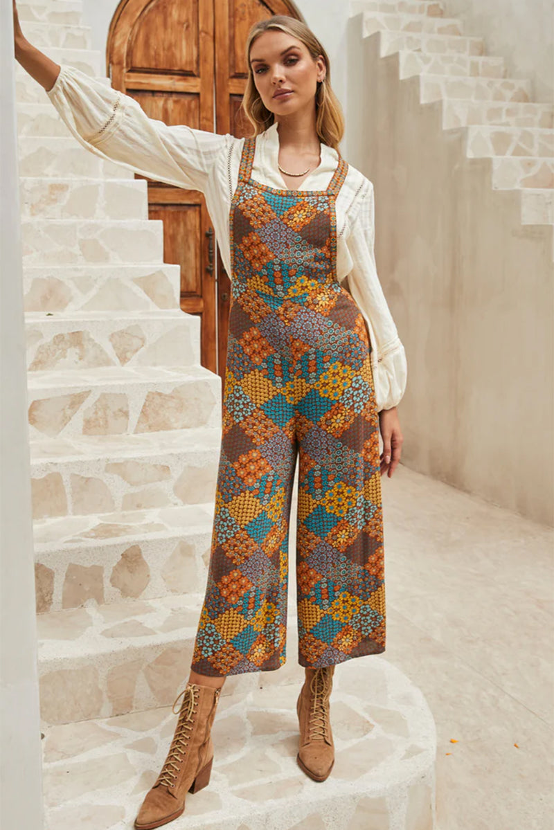 Multicolour Boho Floral Print Crossed Straps Ankle-length Jumpsuit