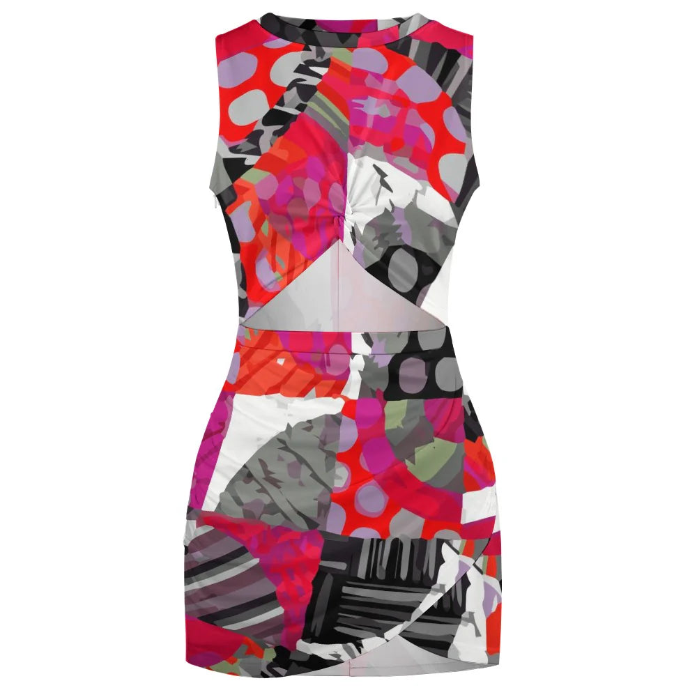 Shabella Geometric Multicolor Mock Neck Navel-Baring Mini Dress