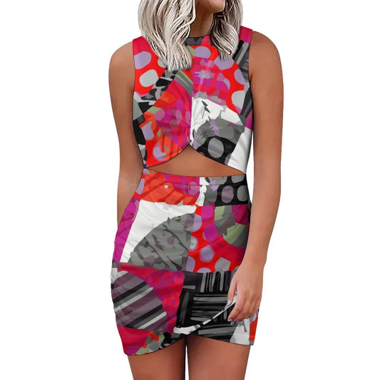 Shabella Geometric Multicolor Mock Neck Navel-Baring Mini Dress