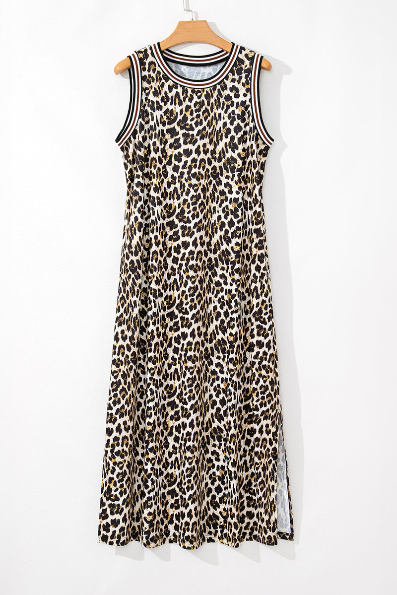 Black Contrast Striped Trim Leopard Sleeveless Maxi Dress