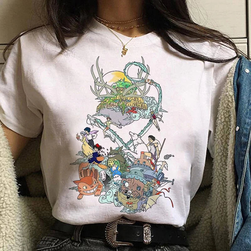 Studio Ghibli Spirited Away Hayao Miyazaki Kawaii Print T-Shirt Women Harajuku Aesthetic Tshirt White Tops Anime Female T Shirt