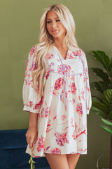 Pink Floral Print Balloon Sleeve V Neck Babydoll Mini Dress