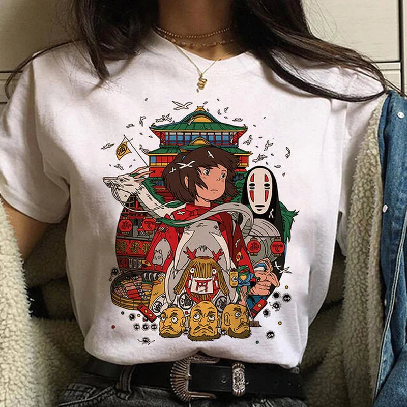 Studio Ghibli Spirited Away Hayao Miyazaki Kawaii Print T-Shirt Women Harajuku Aesthetic Tshirt White Tops Anime Female T Shirt