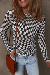 Black Checkered Pattern Mesh Mock Neck Long Sleeve Top