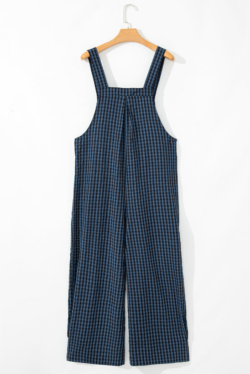 Sail Blue Plaid Print Buttoned Pocketed High Waist Overall