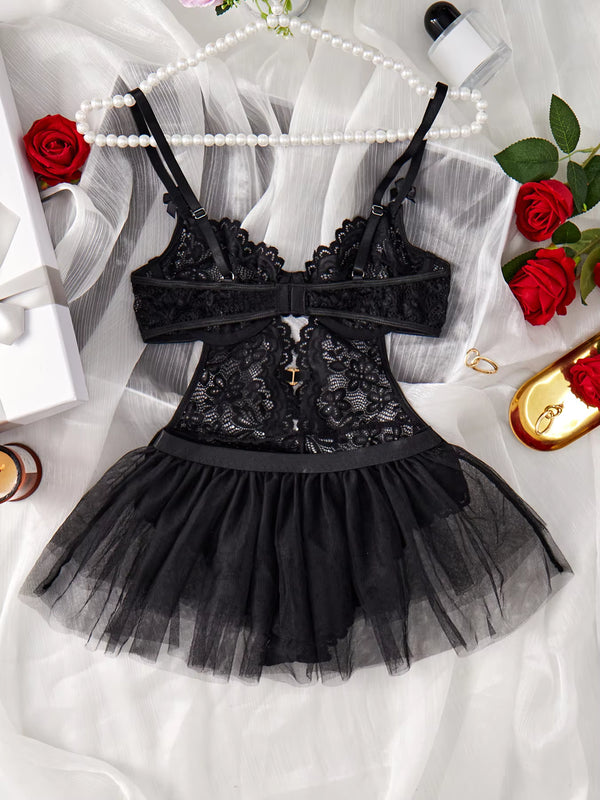 Sexy Set Open Bodysuit Underwear for Women Lace Perspective Night Skirt Sex Costumes Erotic Lingerie Corsets Bra and Panty Set