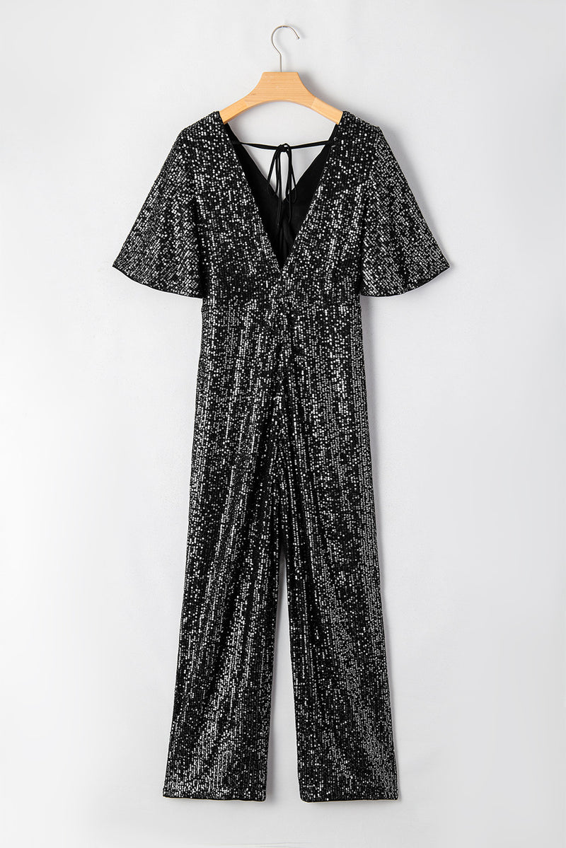 Black Sequin V Neck Flutter Sleeve Wide Leg Jumpsuit