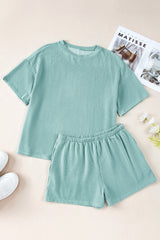 Iceland Blue Ribbed Textured Knit Loose Fit Tee and Shorts Set