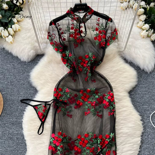 SINGREINY Embroidery Floral Mesh Sexy Dress Chinese Style Short Sleeve Split Hollow Out Cheongsam New Gauze Sheer Nightdress