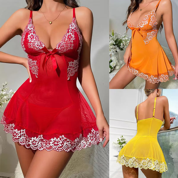 Sexy Lingerie Set Women'S Nightgown Set Deep V Bra See-Through Dress Panties 2 Piece Suit Attractive Underwear Female Babydoll