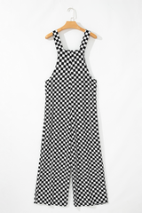 Black Checkered Print Pocketed Wide Leg Jumpsuit