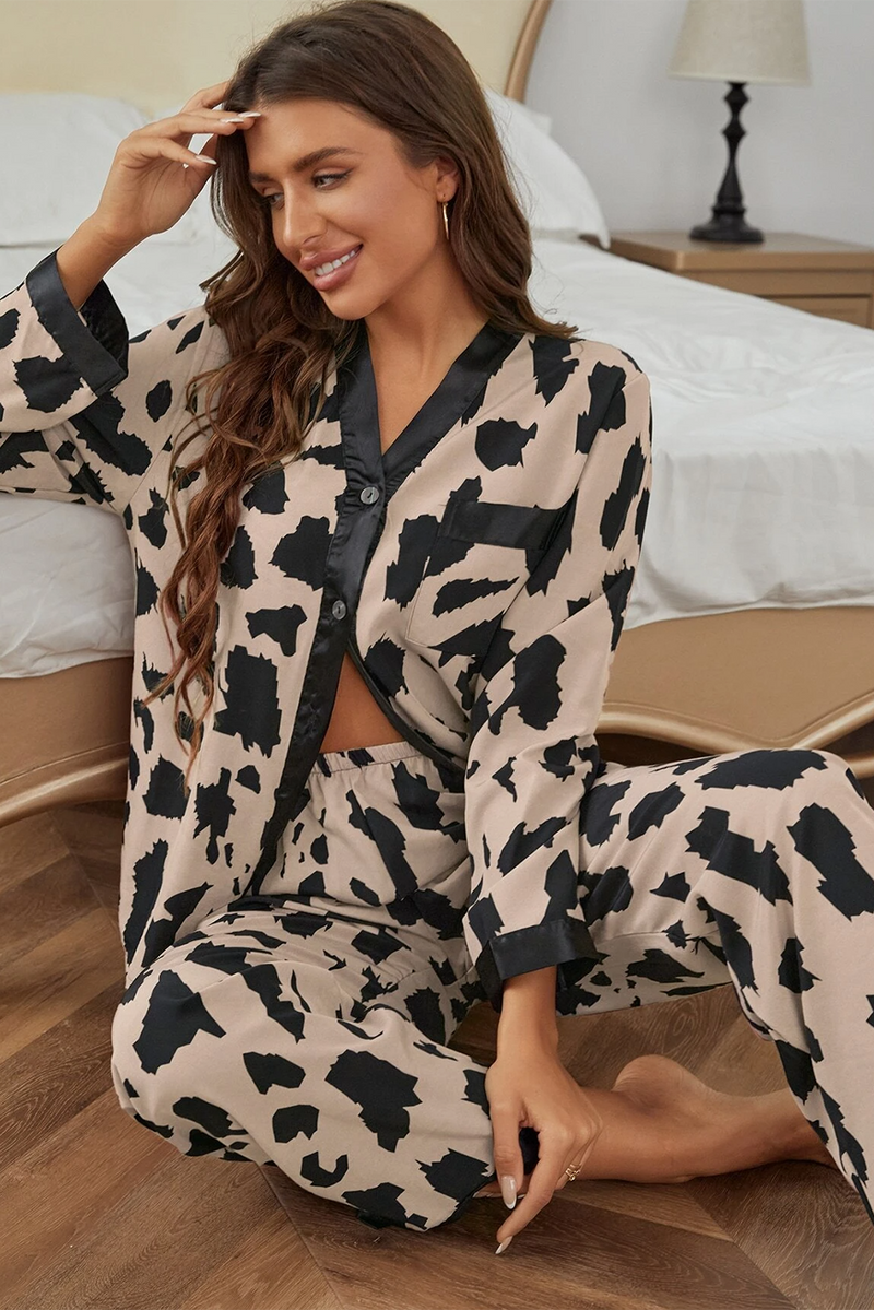 Khaki Cheetah Contrast Trim Loose Fit Two Piece Sleepwear